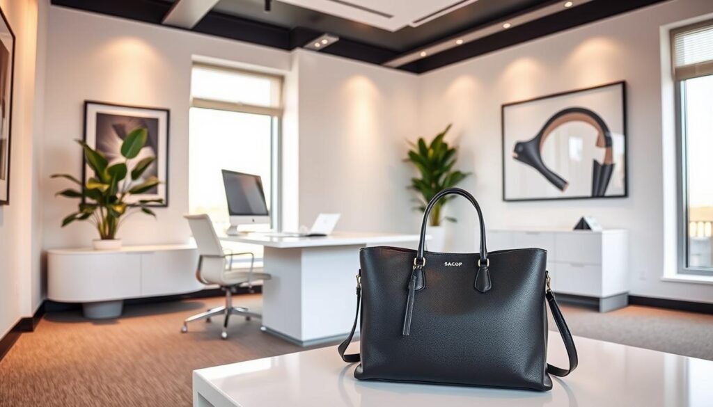 A chic modern office interior with an elegant white desk, sleek computer setup, and a vibrant plant on the side. In the foreground, a Sacop designer bag sits prominently, showcasing the high-end rental service. The walls are adorned with minimalist artwork, creating a sophisticated ambiance. Warm, directional lighting from large windows casts a gentle glow, highlighting the premium materials and finishes. The overall scene conveys a sense of effortless luxury and the convenience of designer rentals, perfect for the "Designer Rental Services: Luxury Without Commitment" section.