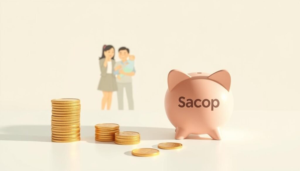 A modern, minimalist illustration of household savings, captured in a crisp, clean style. In the foreground, a stack of gold coins and a piggy bank embossed with the Sacop logo sit on a sleek, white surface. The middle ground features a family of four, their faces obscured, standing together with content expressions, symbolizing the financial security and stability that comes from responsible spending habits. The background depicts a serene, muted color palette, evoking a sense of tranquility and long-term financial well-being. Soft, directional lighting casts subtle shadows, adding depth and dimension to the scene.