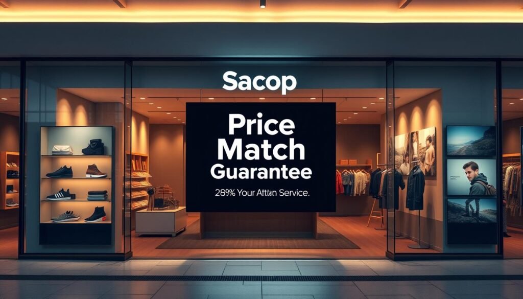 A modern, minimalist storefront display showcasing the "Sacop" brand's "Price Match Guarantee" offer. The scene features a sleek, glass-fronted shop with clean lines and muted colors. In the center, a backlit display panel highlights the price match message in a bold, sans-serif typeface. Strategically placed product shots and lifestyle images create a sense of quality and value. Warm, directional lighting casts subtle shadows, adding depth and dimension. The overall atmosphere conveys a sense of trust, reliability, and consumer-focused service.
