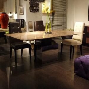 Athena Marble Thin Dining Table with Steel Pedestal Base Variation Available
