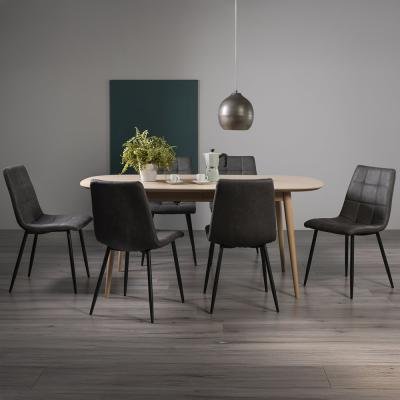 Bentley Designs Dansk Scandi Oak 6-8 Seater Extending Dining Table Set with 6 Mondrian Dark Grey Faux Leather Chairs