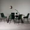 Bentley Designs Hirst Grey Painted Glass 6 Seater Dining Table with 6 Fontana Green Velvet Chairs