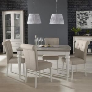 Bentley Designs Montreux Grey Washed Oak and Soft Grey 4 to 6 Seater Extending Dining Table with 4 Upholstered Pebble Grey Fabric Chairs