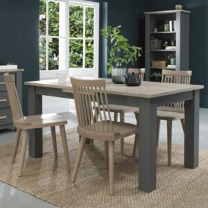 Bentley Designs Oakham Dark Grey and Scandi 4 to 6 Seater Extending Dining Table with 4 Ilva Spindle Chairs in Scandi Oak