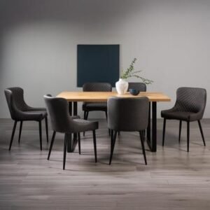 Bentley Designs Ramsay Oak Melamine 6 Seater Dining Table - U Leg with 6 Cezanne Dark Grey Faux Leather Chairs - Black Legs