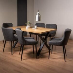 Bentley Designs Ramsay Oak Melamine 6 Seater Dining Table - X Leg with 6 Cezanne Dark Grey Faux Leather Chairs - Black Legs