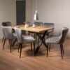 Bentley Designs Ramsay Oak Melamine 6 Seater Dining Table - X Leg with 6 Cezanne Grey Velvet Chairs - Black Legs