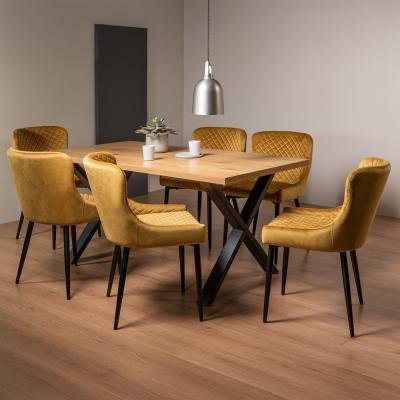 Bentley Designs Ramsay Oak Melamine 6 Seater Dining Table - X Leg with 6 Cezanne Mustard Velvet Chairs - Black Legs