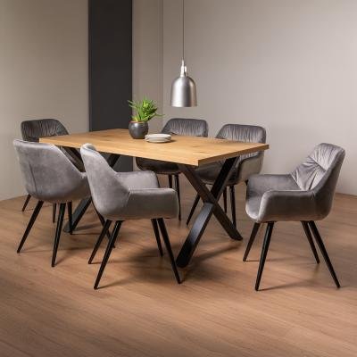 Bentley Designs Ramsay Oak Melamine 6 Seater Dining Table - X Leg with 6 Dali Grey Velvet Chairs