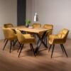 Bentley Designs Ramsay Oak Melamine 6 Seater Dining Table - X Leg with 6 Dali Mustard Velvet Chairs