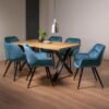 Bentley Designs Ramsay Oak Melamine 6 Seater Dining Table - X Leg with 6 Dali Petrol Blue Velvet Chairs