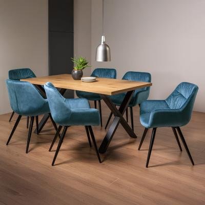 Bentley Designs Ramsay Oak Melamine 6 Seater Dining Table - X Leg with 6 Dali Petrol Blue Velvet Chairs