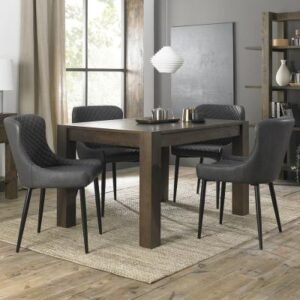 Bentley Designs Turin Dark Oak 4-6 Seater Extending Dining Table with 4 Cezanne Dark Grey Faux Leather Chairs - Sand Black Legs