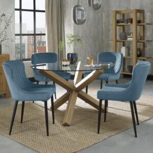 Bentley Designs Turin Glass 4 Seater Dining Table Light Oak Legs with 4 Cezanne Petrol Blue Velvet Chairs - Black Legs