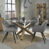 Bentley Designs Turin Glass 4 Seater Dining Table Light Oak Legs with 4 Dali Grey Velvet Chairs