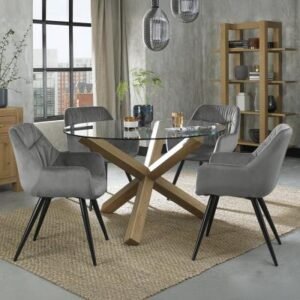 Bentley Designs Turin Glass 4 Seater Dining Table Light Oak Legs with 4 Dali Grey Velvet Chairs
