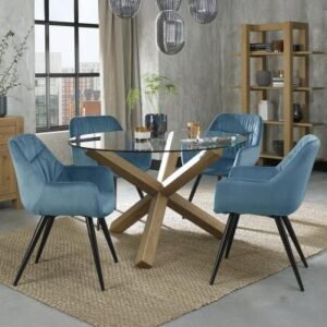 Bentley Designs Turin Glass 4 Seater Dining Table Light Oak Legs with 4 Dali Petrol Blue Velvet Chairs