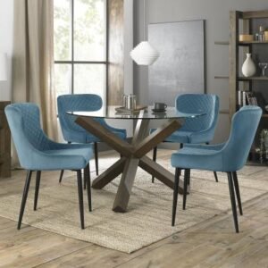 Bentley Designs Turin Glass 4 Seater Round Dining Table Dark Oak Legs with 4 Cezanne Petrol Blue Velvet Chairs - Black Legs