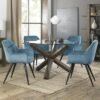 Bentley Designs Turin Glass 4 Seater Round Dining Table Dark Oak Legs with 4 Dali Petrol Blue Velvet Chairs
