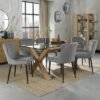 Bentley Designs Turin Glass 6 Seater Dining Table Light Oak Legs with 6 Cezanne Grey Velvet Chairs - Black Legs