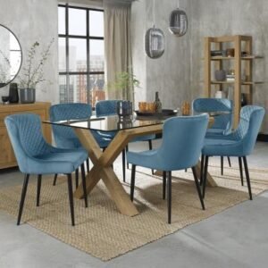 Bentley Designs Turin Glass 6 Seater Dining Table Light Oak Legs with 6 Cezanne Petrol Blue Velvet Chairs - Black Legs