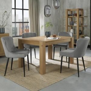 Bentley Designs Turin Light Oak 4-6 Seater Extending Dining Table with 4 Cezanne Grey Velvet Chairs - Black Legs
