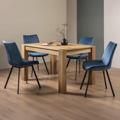 Bentley Designs Turin Light Oak 4-6 Seater Extending Dining Table with 4 Fontana Blue Velvet Chairs