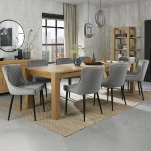 Bentley Designs Turin Light Oak 6-10 Seater Extending Dining Table with 8 Cezanne Grey Velvet Chairs - Black Legs