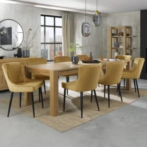 Bentley Designs Turin Light Oak 6-10 Seater Extending Dining Table with 8 Cezanne Mustard Velvet Chairs - Black Legs