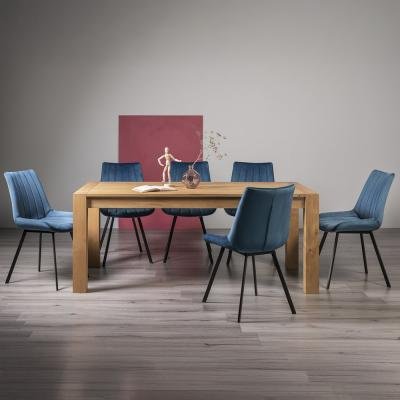 Bentley Designs Turin Light Oak 6-10 Seater Extending Dining Table with 8 Fontana Blue Velvet Chairs