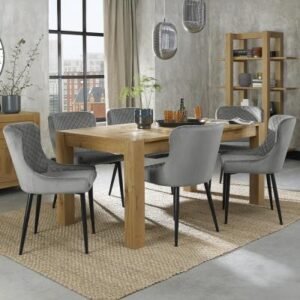 Bentley Designs Turin Light Oak 6-8 Seater Extending Dining Table with 6 Cezanne Grey Velvet Chairs - Black Legs