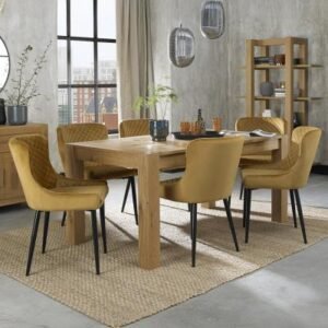 Bentley Designs Turin Light Oak 6-8 Seater Extending Dining Table with 6 Cezanne Mustard Velvet Chairs - Black Legs