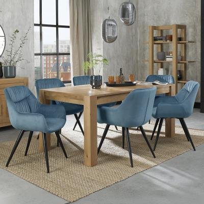 Bentley Designs Turin Light Oak 6-8 Seater Extending Dining Table with 6 Dali Petrol Blue Velvet Chairs