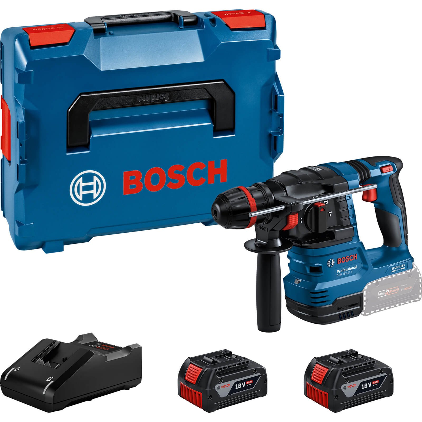 Bosch GBH 18V-22 X 18v Cordless SDS Plus Hammer Drill 2 x 4ah Li-ion Charger Case