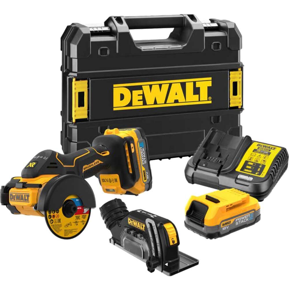 DeWalt DCS438E2T 18v XR Cordless Brushless Mini Grinder / Saw 76mm 2 x 1.7ah Li-ion Powerstack Battery Charger Case