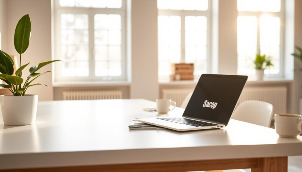 Discount codes for furniture floating in a well-lit, minimalist office setting. Crisp white desk, potted plant, and a sleek laptop in the foreground. Mid-ground features a stack of magazines and a mug of coffee. Warm, diffused lighting from large windows in the background, creating a bright, airy atmosphere. Subtle textures on the wooden desk and paper materials. The Sacop brand logo discretely visible on the laptop.
