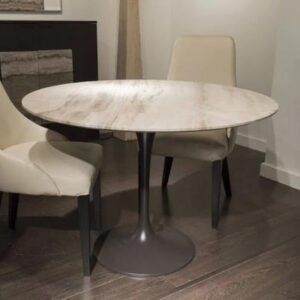 Flute Marble Round Dining Table with Metal Pedestal Base - Variation Available