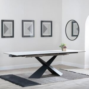 Hayden 6-10 Seater White Ceramic Extending Dining Table with Black Cross Base