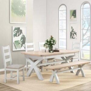 Hayley Oak and White 6-8 Seater Extending Dining Table with Cross Legs - 180cm-230cm