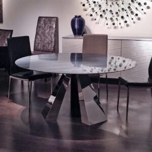 Marble Butterfly Round Dining Table with Stainless Steel Pedestal Base - Variation Available