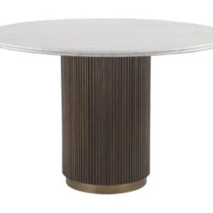 Mayfield White Marble Top 4 Seater Round Dining Table - Dark Wood Fluted Pedestal Base