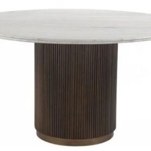 Mayfield White Marble Top 6 Seater Round Dining Table - Dark Wood Fluted Pedestal Base