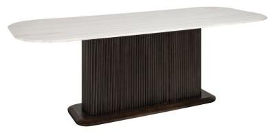 Mayfield White Marble Top 8 Seater Dining Table - Dark Wood Fluted Pedestal Base