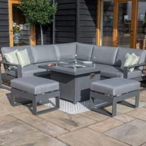 Maze Amalfi Grey Square Fire Pit Table Corner Garden Dining Set with Footstools