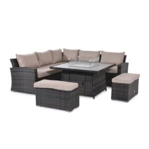 Maze Kingston Brown Rattan Deluxe Fire Pit Square Table Corner Garden Dining Set