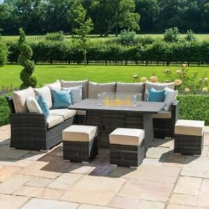 Maze Kingston Brown Rattan Fire Pit Table Corner Garden Dining Set with Footstools
