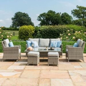 Maze Oxford Grey Rattan Sofa Rising Table with Ice Bucket Garden Dining Set