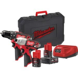 Milwaukee M12 BPP2B 12v Cordless Combi Drill and Impact Driver Kit 1 x 2ah & 1 x4ah Li-ion Battery Charger Case