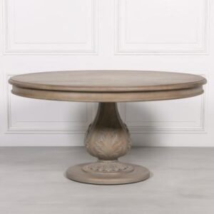 Rustic Washed Wood 6 Seater Round Pedestal Dining Table - 150cm
