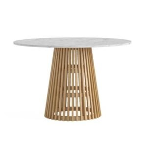 Soho Oak 4 Seater Round Dining Table with Slatted Base - White Marble Top - 120cm